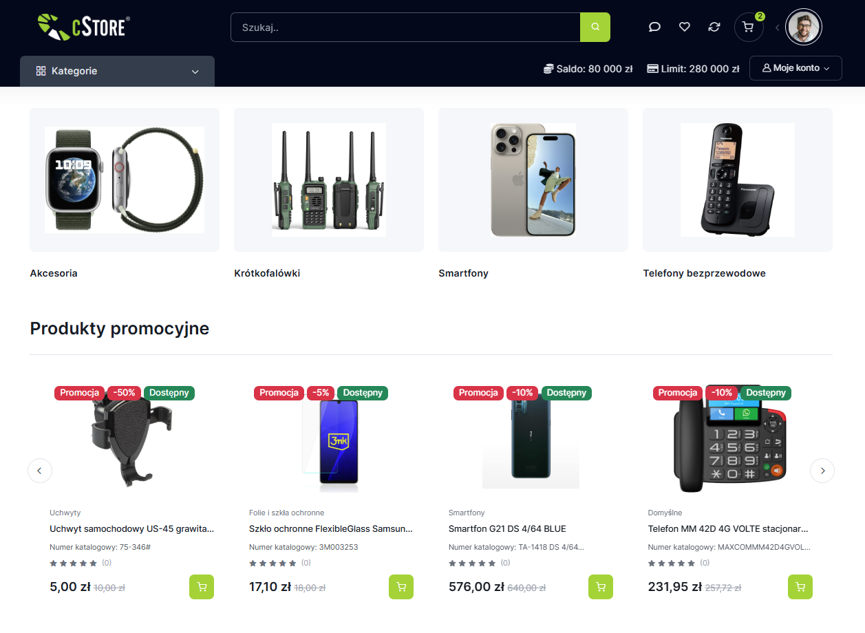 Widok platformy B2B CStore dla klienta
